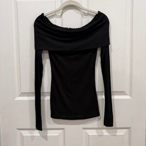 Rue Sophie Off‎ Shoulder Long Sleeve Top Black XS Womens Fitted Blouse